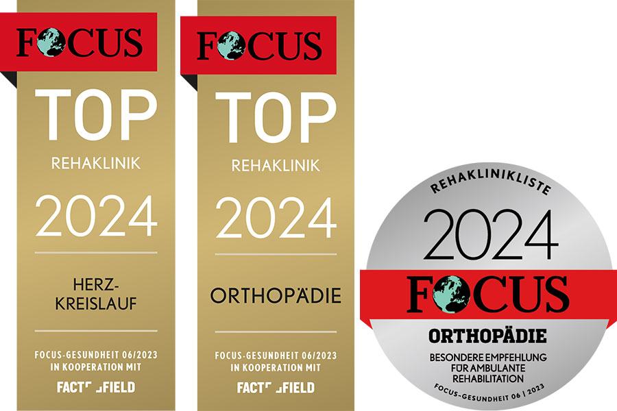 Auszeichnung des Magazin Focus als Top Rehaklinik 2024 in der Indikation Herzkreislauf, Orthopädie und ambulante Reha für Orthopädie
